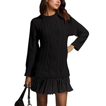 Women's Cable Knit Mini Dress Crew Neck Long Sleeve Pleated Sweater