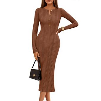 Ribbed Knit Bodycon Long Sleeve Button Down Midi Dress