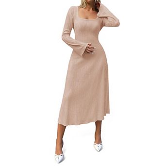Womens Fall Knit Maxi Dress Long Sleeve A-Line Tie Waist