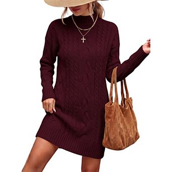 Womens Cable Knit Sweater Dress Mock Neck Long Sleeve