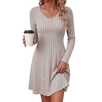 Women Long Sleeve Ribbed Knit Sweater Dress V-Neck