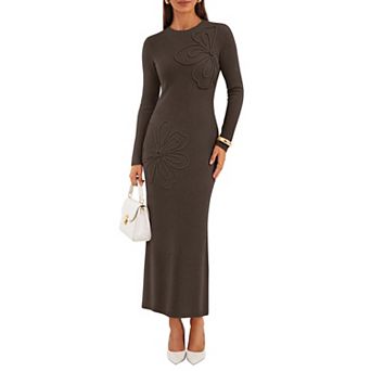 Floral Knit Long Sleeve Maxi Dress Bodycon Fall