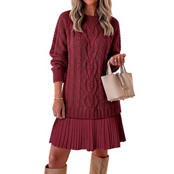 Womens Cable Knit Pleated Patchwork Long Sleeve Crewneck Fall Mini Dress