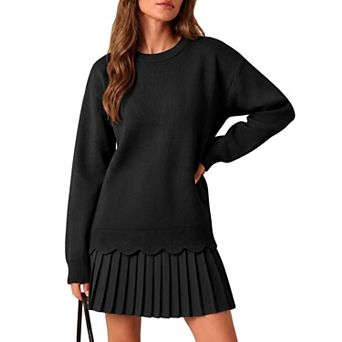 Women Pleated Knit Dress Long Sleeve Crewneck Loose Fall Mini