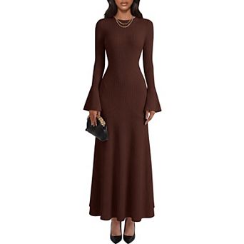 Long Sleeve Crew Neck Ribbed Knit Mermaid Maxi Dress for Women