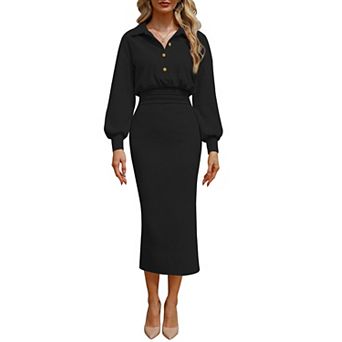 Women V Neck Ruched Waist Bodycon Knit Midi Dress