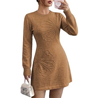Womens Floral Embroidered Sweater Dress Long Sleeve A-Line Mini