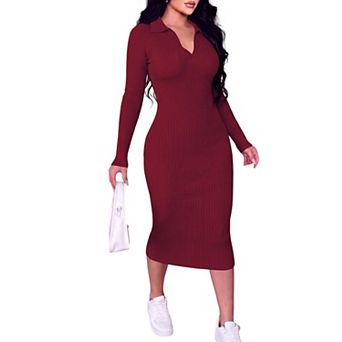 Women's Ribbed Knit Midi Bodycon Dress Long Sleeve