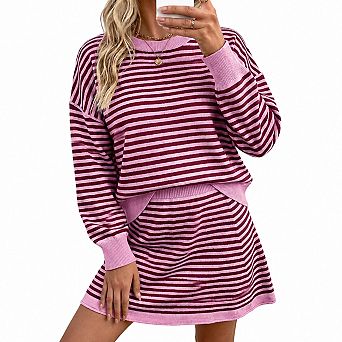Womens 2 pc Striped Knit Skirt Set Fall Casual Everyday Outfits