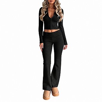 Womens 2 pc Ribbed Knit Cropped Hoodie Flared Leg Set