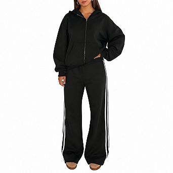 Womens 2 pc Zip Hoodie Wide Leg Pants Comfy Athleisure Set