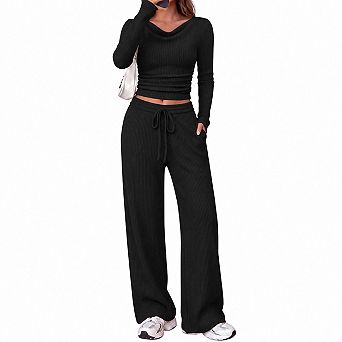 Womens 2 pc Ribbed Fall Lounge Set Cowl Neck Long Sleeve Wide Leg Pants