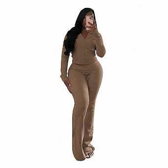 Womens 2 pc Casual Long Sleeve Zip Up Crop Top Hoodie Flare Pant Tracksuit Set
