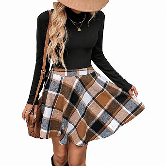 Womens 2 pc Knit Long Sleeve Top Plaid Skirt Set Fall Wear