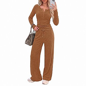 Womens 2 pc Ribbed Knit Lounge Set Long Sleeve Henley Top Wide Leg Pants Fall Casual Wear