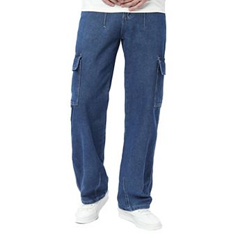Men's Cargo Wide Leg Denim Jeans Multi Pocket Washed Loose Fit Workwear