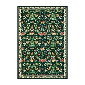 Christmas Squirrel & Cat Botanical Machine Washable Area Rug, Non-Slip Foldable Holiday Carpet