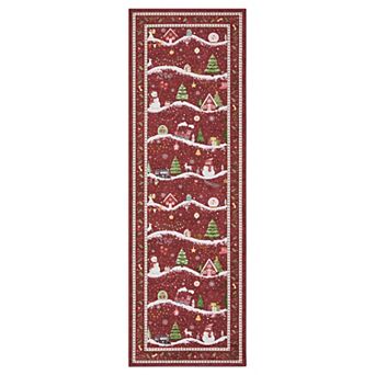 Christmas Snowy Village Scene Washable Rug with Rubber Backing, Foldable Holiday Carpet