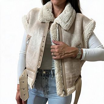 Women Faux Shearling Lined Sleeveless Vest Zip Up Waistcoat with Belt