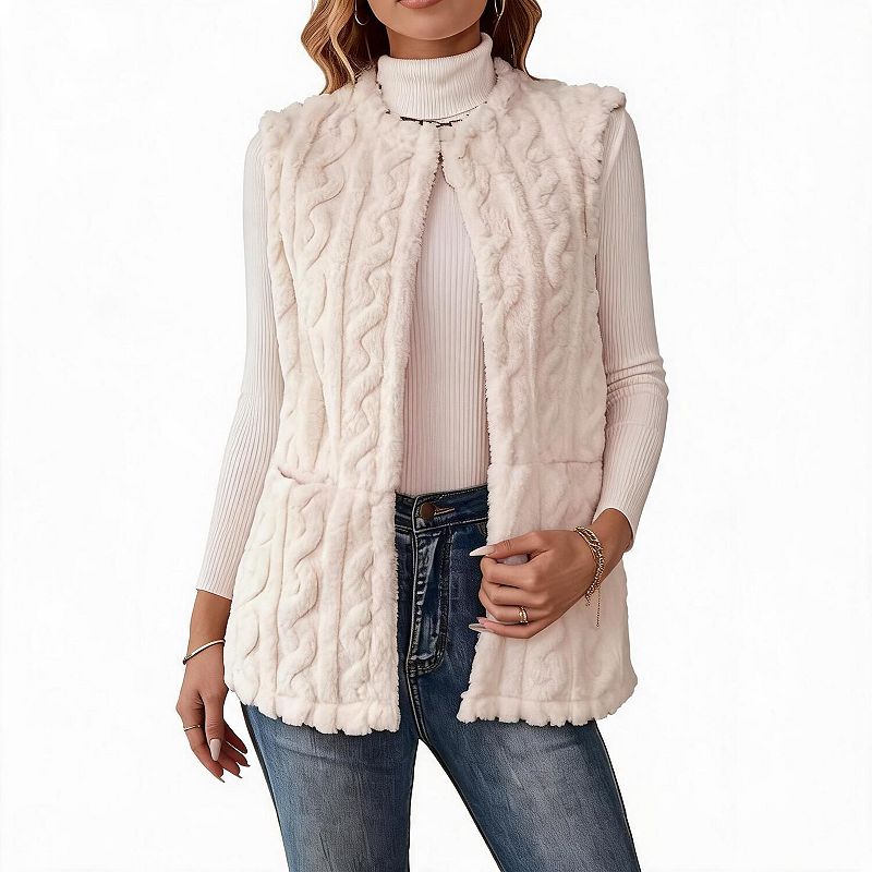 Women Cable Knit Fleece Sleeveless Vest Open Front Waistcoat with Pockets
