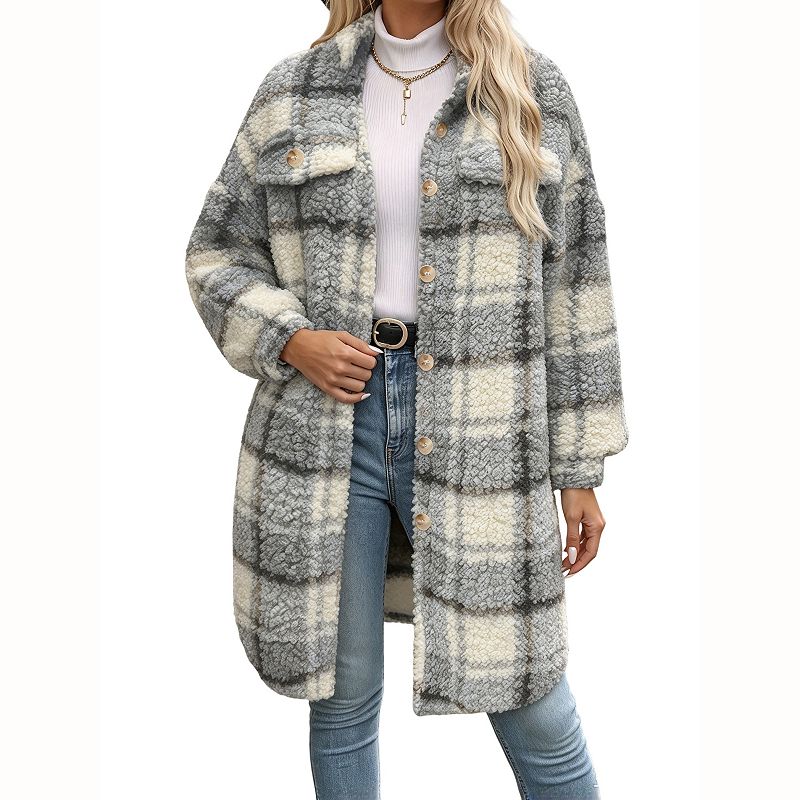 Women's Plaid Fuzzy Sherpa Jacket Lapel Button Down Mid-Length Thick ...
