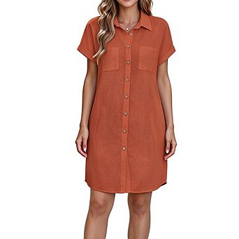 Women's short sleeve collared button front pocket casual shirt dress