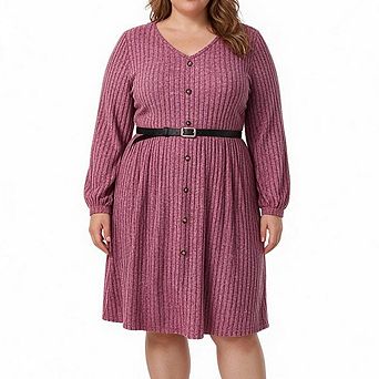 Plus-size Women Retro V-neck long-sleeved midi skirt with a belt.