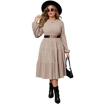 Plus-size Women's round neck lantern sleeve belted textured tiered midi dress