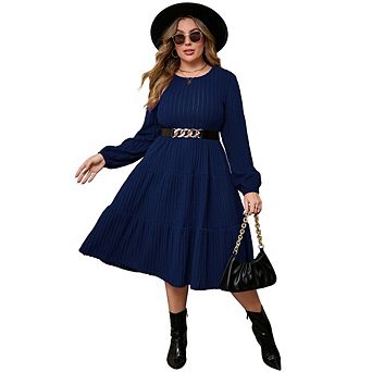 Plus-size Women's round neck lantern sleeve belted textured tiered midi dress