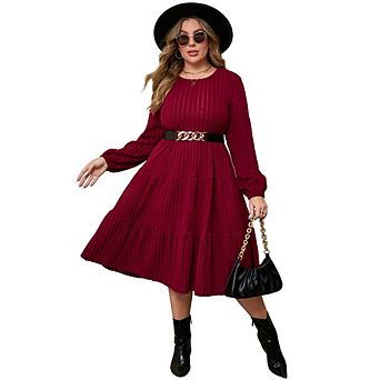 Plus-size Women's round neck lantern sleeve belted textured tiered midi dress