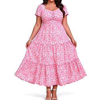 Plus-size Women Square Neck Short Sleeve Floral Tiered Midi Dress