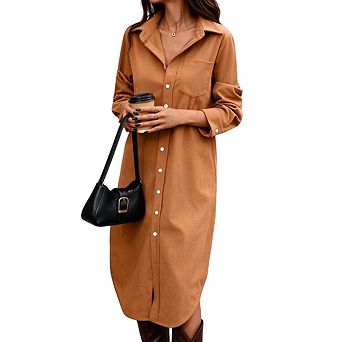 Women Casual V Neck Long Sleeve Button Down Loose Fit Trendy Midi Shirt Dress