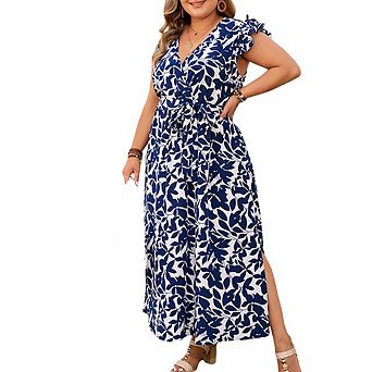 Women V Neck Puff Short Sleeve Floral Print Maxi Dress