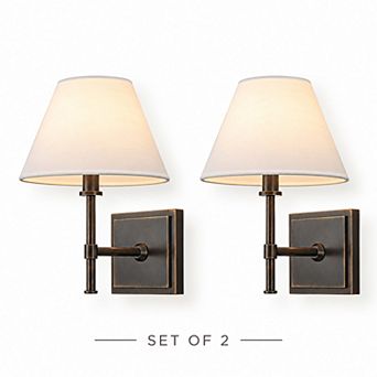 Modern Bronze 12'' H Fabric Shade Wall Sconces Farmhouse White Linen Tapered Shade Sconce(2 Pack）