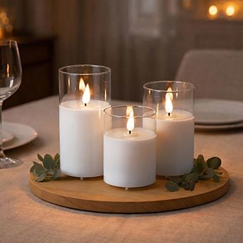 Set of 3 USB-C Rechargeable Flameless LED Glass Pillar Candle Set with Real Wax Remote Control Timer