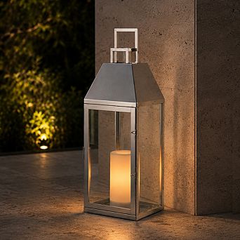 H17 inch Modern Solar Outdoor Lantern with Flickering LED Candle, Stainless Steel and Tempered Glass