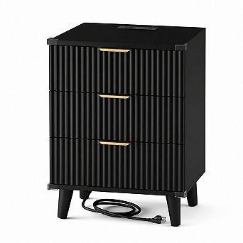 Gikpal Modern Fluted Nightstand with Charging Station, 3-Drawer Wood Bedside Table