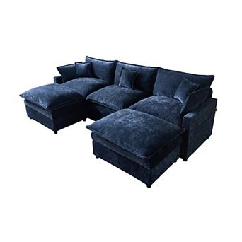 Ovios 108" Ultra-Comfort Chenille Sectional Sofa Set w/ 2 Movable Ottomans, Big Pocket Design