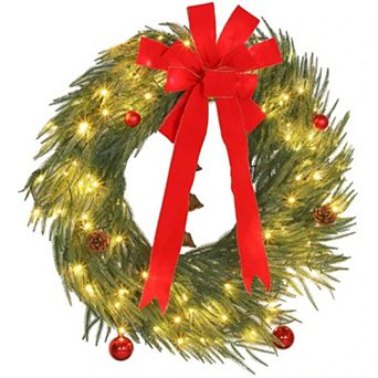 36" Pre Lit Christmas Wreath with Red Bow,Bells,100 LED 8 Modes Lights for Front Door,Mantel,Window
