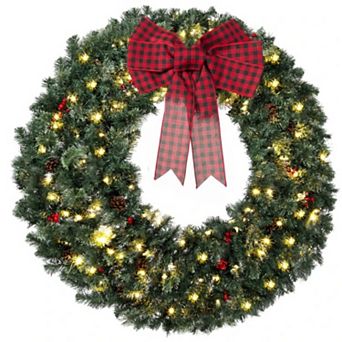 48" Pre Lit Artificial Spruce Christmas Wreath with Plaid Bow for Front Door,Mantel,Wall Decor
