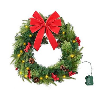24" Pre-Lit Christmas Wreath 50 LED Timer Pine Cones Red Berries Bow for Door,Window Decor