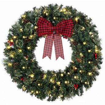 36" Prelit Artificial Spruce Christmas Wreath with Plaid Bow for Front Door, Mantel,Wall Decor