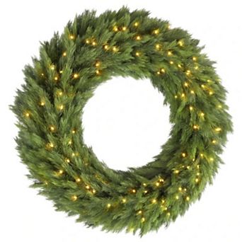 36" Pre-Lit Artificial Spruce Christmas Wreath,100 Warm LED Lights for Front Door,Porch,Wall Decor
