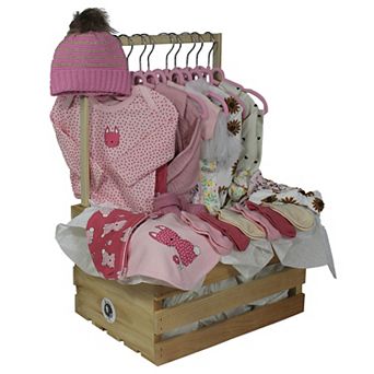 36 pc Girl's Baby Shower Wardrobe Gift Crate, Raspberry & Cream