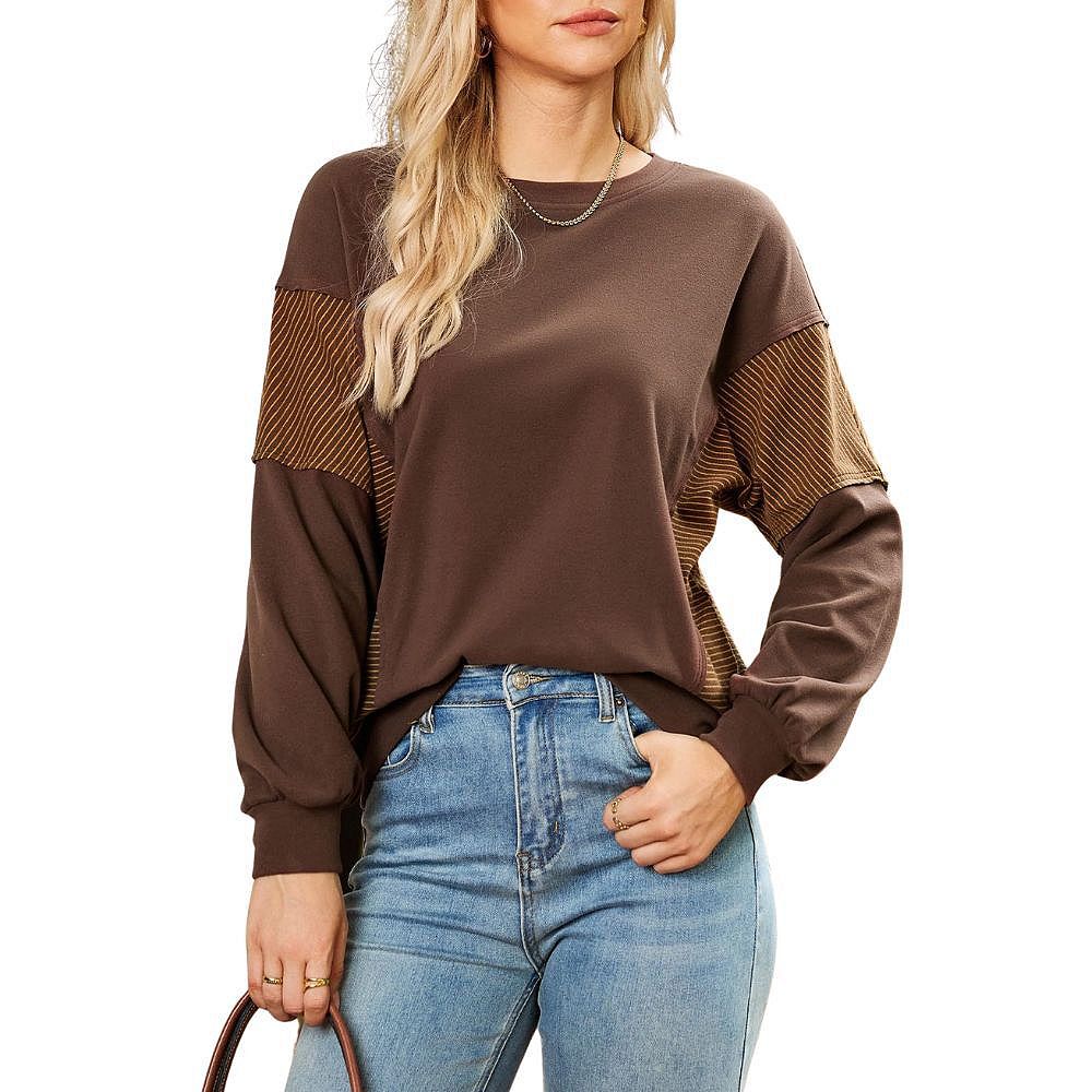 Womens Colorblock Sleeve Crewneck Sweatshirt Mixed Stripe Panel ...