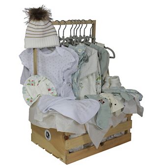 31 pc Girl's Baby Shower Wardrobe Gift Crate, Ivory & Blue