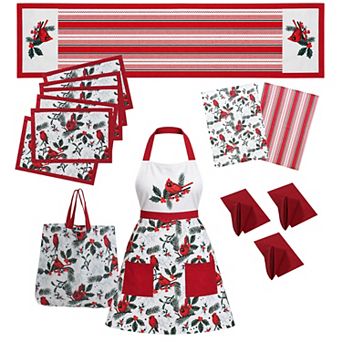 Yuletide Hostess 17 pc Entertaining Holiday Table Linen Set, Christmas Cardinals
