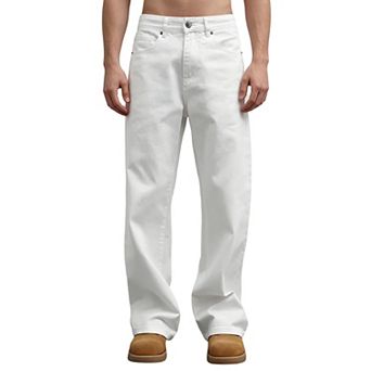 Men's White Loose Straight Leg Jeans, Clean Solid Denim Pants for Streetwear & Casual