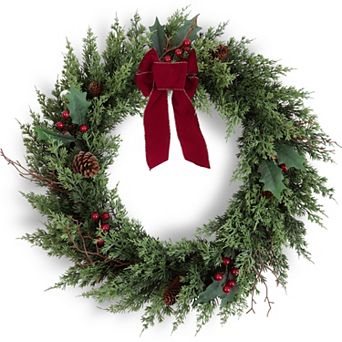 Vitalismo 24 in Artificial Christmas Wreath with Berries, Pine Cones, Bow for Indoor Outdoor Decor