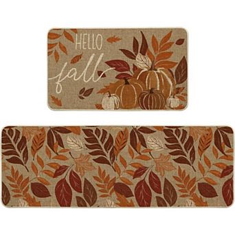 Vintage Pumpkin Fall Kitchen Mats Set of 2,Maple Leaves Autumn Home Decor Low-Profile Kitchen Rugs